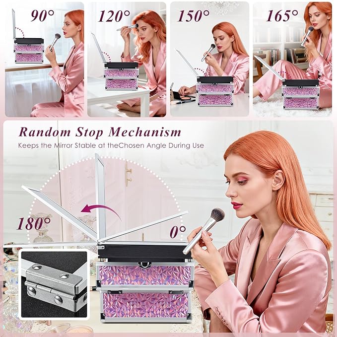 FRENESSA Makeup Case Organizer Cosmetic Box Storage Portable Makeup Train Case with Mirror 2 Trays Travel Vanity Box for Cosmetics Nail Kits Craft Tools Case Aluminum Hard Make Up Organizer Shiny Pink
