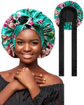 AWAYTR Satin Bonnet Silk Hair Bonnets for Women Curly Hair Wrap Sleeping Cap Reversible with Tie Band Night Cap (Green + Black) 7 7/8-8