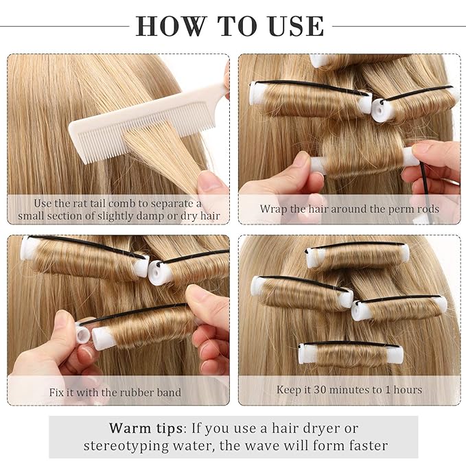 48 Plastic Hair Perming Rods and Curlers with Steel Pintail Comb for Hairdressing Styling (White, 0.63 Inch/ 1.6 cm)