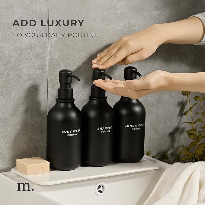 MaisoNovo Refillable Shampoo and Conditioner Bottles - 16.9 fl oz Set of 3 Black Plastic Bottles Black Plastic Pumps