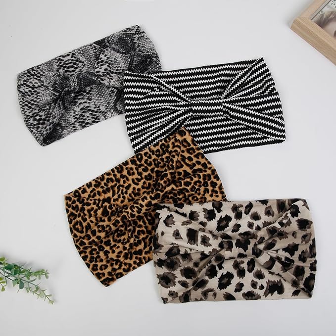 Huachi Wide Headbands for Women African Leopard Printed Head Bands for Women’s Hair Knotted Non Slip Headwrap Turban Sport Yoga Girls Bandeau Hair Accessories (Pack of 4)