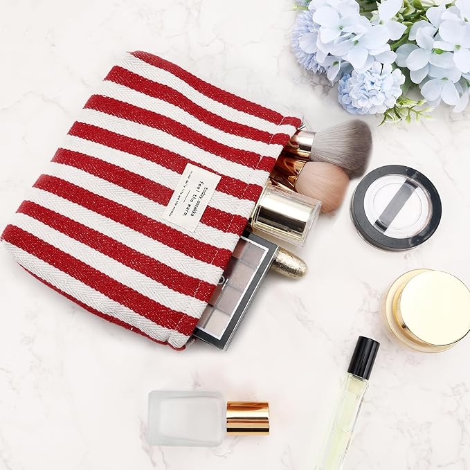 ZLFSRQ Striped Makeup Bag Large Canvas Travel Makeup Bag for Women Cosmetic Pouch Cute Red Striped Make Up Pouch for Purse Y2k Aesthetic Trendy Zippered Toiletry Bags Gift Skincare Storage Organizer