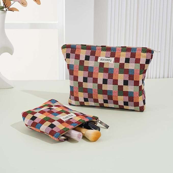 Makeup Bag Small Cute Cosmetic Bags for Women，Checkered Travel Toiletry Bag for Purse, Large Canvas Cosmetic Pouch Makeup Organizer Tool Pouch with Zipper（Colorful Checkered）