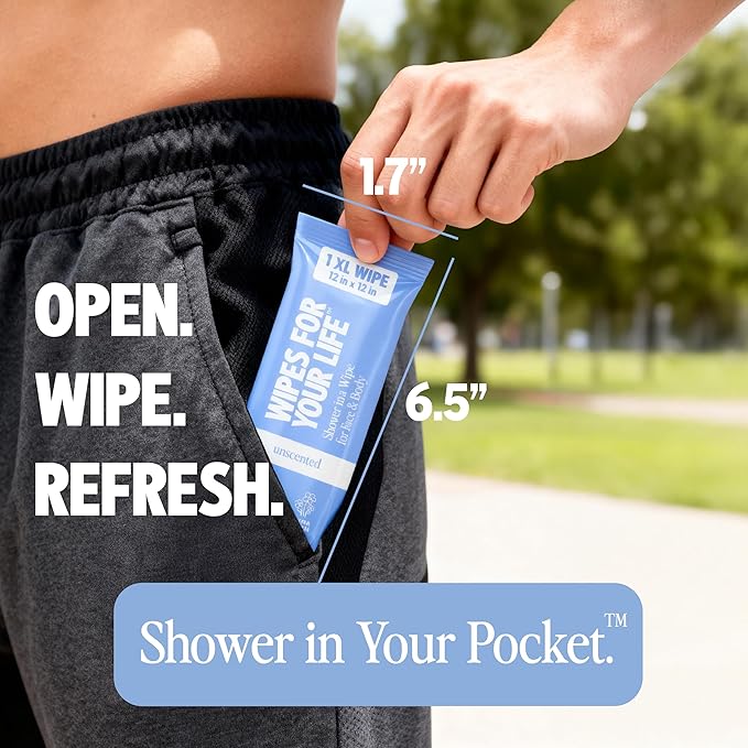 HyperGo XL Single Body Wipes for Women & Men – 12" x12" Rinse-Free Full Body Cleansing 30 Count Pack - Mint | Biodegradable, Hypoallergenic, Aloe-Infused | Gym, Festival, Camping Essentials