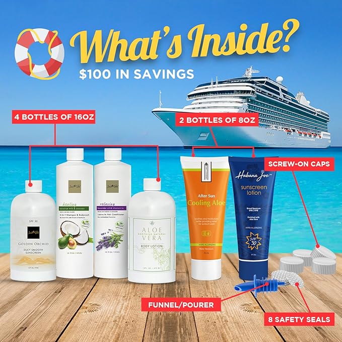 Cruise Alcohol Smuggling Kit Empty Shampoo Conditioner Bottles hide and drink liquor -Hidden Flasks for Liquor Alcohol 4 17.3oz 2 8oz Rum Runners for Cruise Ship Essentials to enjoy. Save