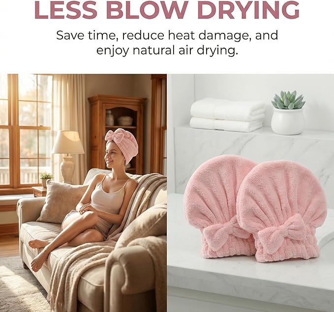 Cute Bow Microfiber Hair Towel for Girls, Quick Drying Hair Turban for Women Kids, Super Absorbent Anti Frizz Hair Cap for Curly Thick Hair, Lightweight Travel Towel (Two Pink)