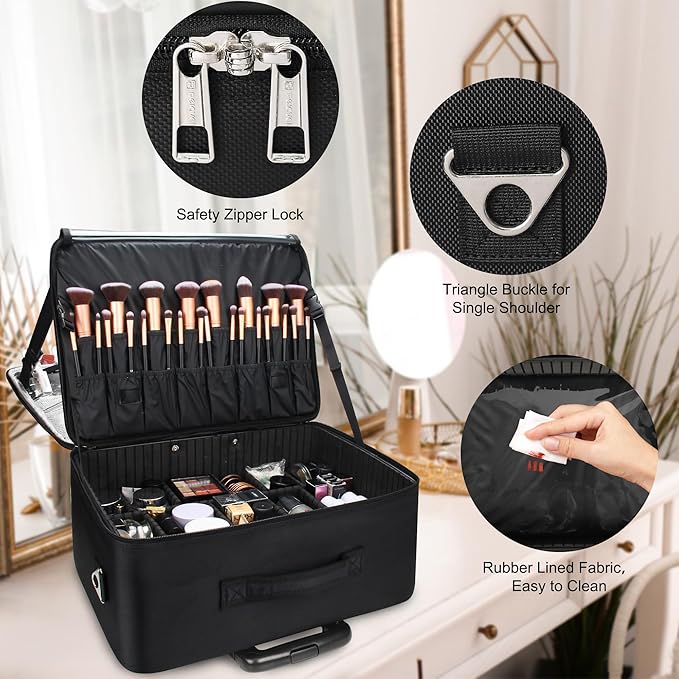 MONSTINA Rolling Makeup Train Case, Cosmetology Case on Wheels Makeup Artist Bag Professional Cosmetics Beauty Hairdresser Bag Hairstylist Cosmetic Bag with 4 Bags Extra Large Makeup Bag with Wheels