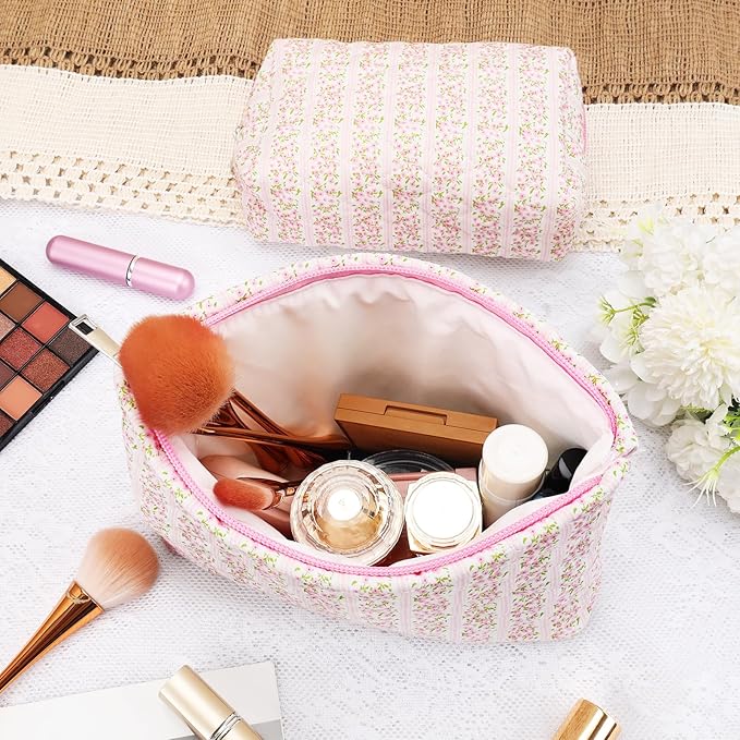 2Pcs Small Makeup Bag Quilted Cosmetic Bag Flower Pencil Case Travel Makeup Bag Set for Women Cute Cosmetic Pouch Aesthetic Cotton Toiletry Organizer Storage Bags Puffy Zipper Pouch Christmas Gifts C