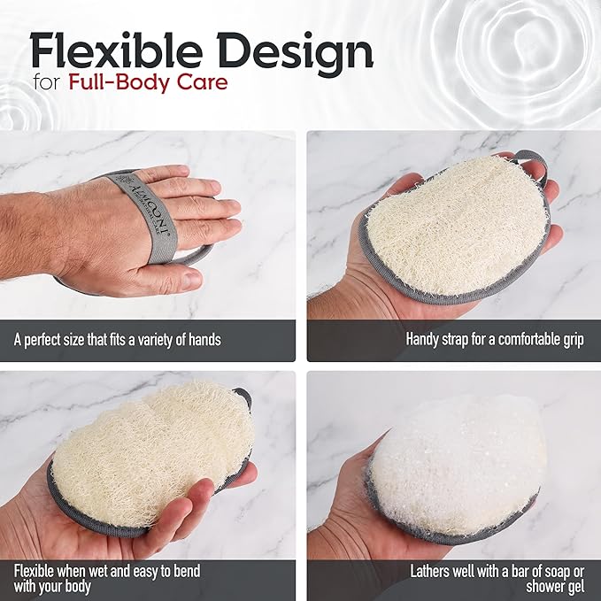 Sturdy Natural Loofah for Men, The Ultimate Men's Loofah Body Scrubber Made with Natural Egyptian Shower luffa Sponge, Bath Shower Sponge lufas for Men - 2 Count (1 Pack) - Gray