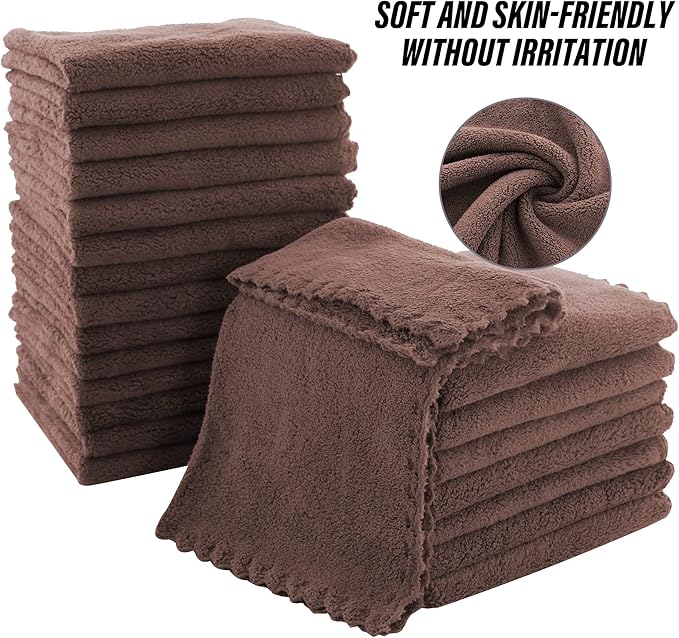 MOONQUEEN Ultra Soft Premium Washcloths Set - 12 x 12 inches - 24 Pack - Quick Drying - Highly Absorbent Coral Velvet Bathroom Wash Clothes - Use as Bath, Spa, Facial, Fingertip Towel (Wood Brown)