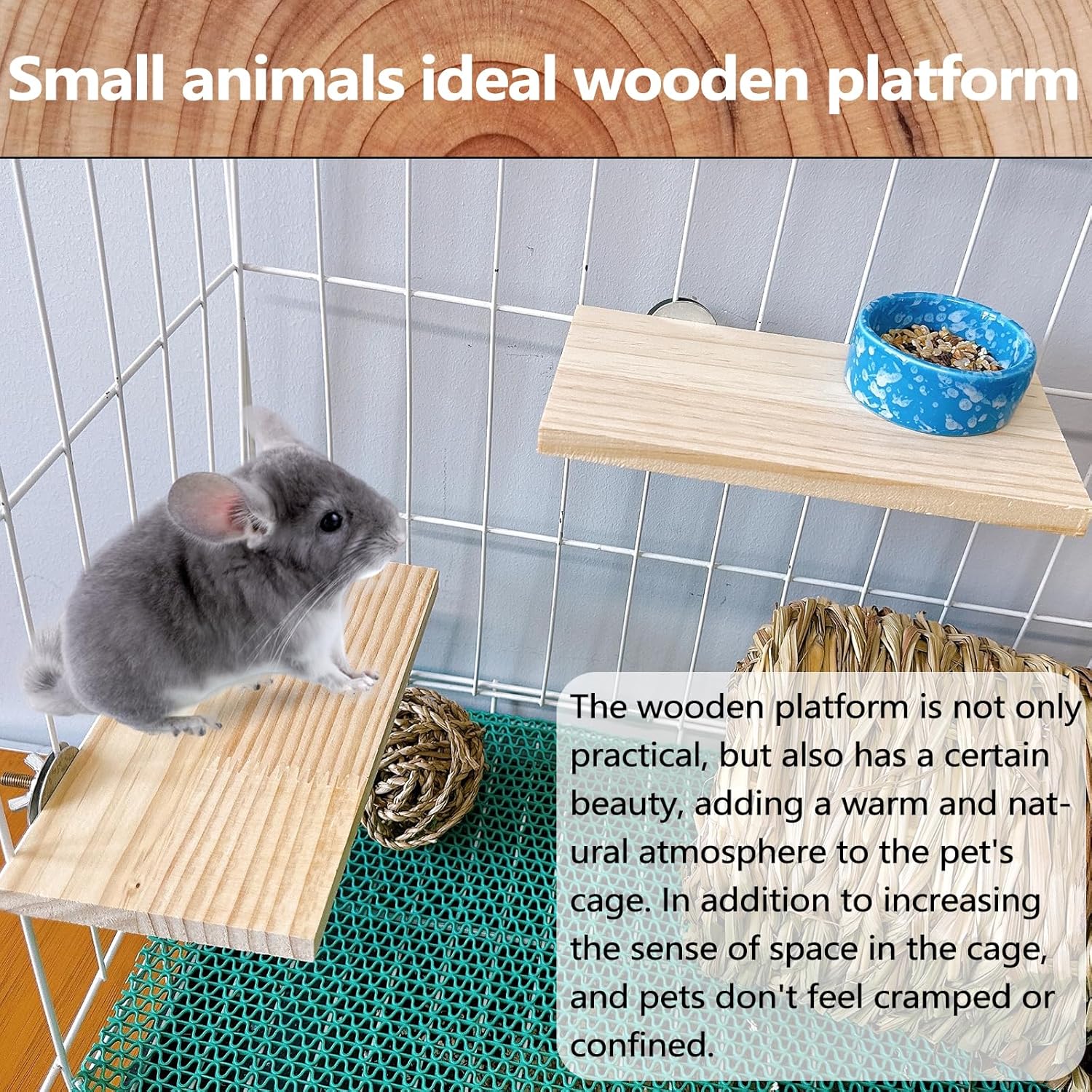 Hamster Wooden Ledge Platform 2Pcs Small Animals Natural Wood Stand Platform Chew Toys Cage Accessories for Squirrel Gerbil Suger Glider Rat Hamsters Bird