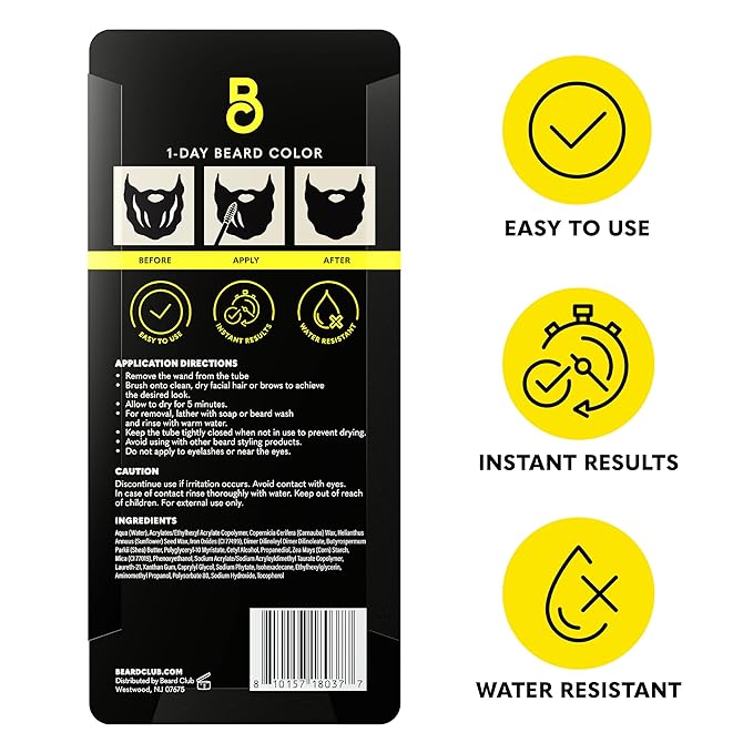 The Beard Club 1 Day Temporary Beard Dye for Men - Medium Brown Beard, Mustache & Eyebrow Color for a Fuller, Well-Defined Look, Water & Sweat Resistant, Up to 30 Applications, 0.3 fl oz (Pack of 2)
