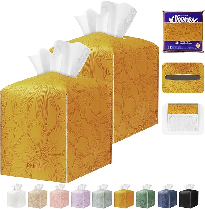 Tissue Box Holder Cover Square Tissue Cube Cover PU Leather Tissue Organizer with Bottom Belt for Bathroom, Tabletop, Kitchen, Night Stands, Office, Home, Car (2, RetroYellow)