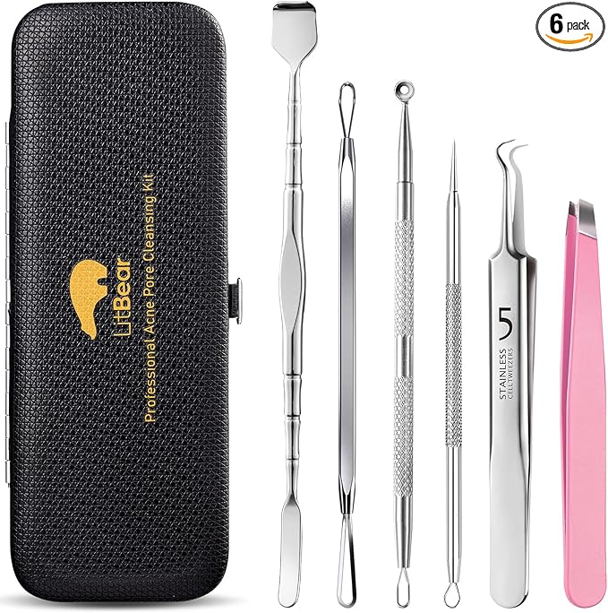 Litbear 6 Pcs Blackhead Remover Tools,Pimple Popper Tool Kit,Blackhead Pimple Comedones Extractor,Acne Tools Extractor kit, Scraper for Face Nose Deep Cleansing with Leather Case