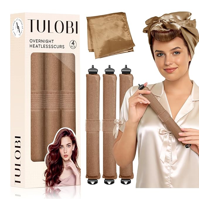 TULOBI 3 Pcs Heatless Curls Overnight - Upgraded Velvet Heatless Hair Curler with Velcro Fastener, Overnight Jumbo Blowout Rods, Hair Curlers to Sleep in for All Hair Types (Khaki)