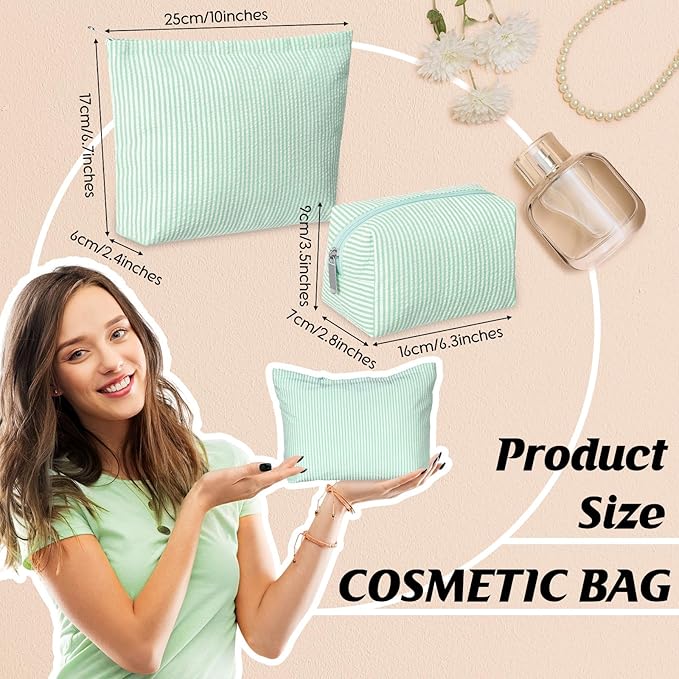 2 Pcs Makeup Bag Set Cute Cosmetic Pouch for Women Seersucker Travel Toiletry Bag Preppy Small Makeup Purse Pouch Aesthetic Skincare Brushes Storage Organizer for Valentine Women(Green)