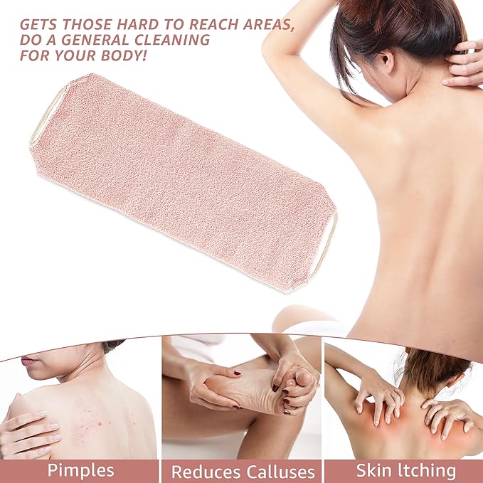 Extended Exfoliating Back Scrubber with Handles, Nylon Cleaning Exfoliator Washcloth for Body, Stretchable Pull Strap Soft Quick-Drying Rough Scrub Towel, Pink