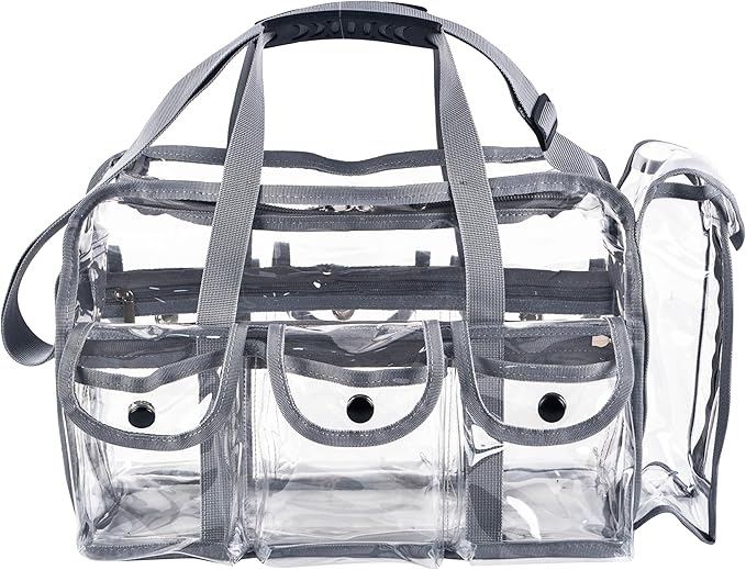 Wide Mouth Large Professional Clear PVC Travel Makeup Artist Set Bag Cosmetic Nails Beauty Bags Transparent Vinyl Tool Organizer Work Bag Beach Bags Diaper Bag with 6 External Pockets & Strap (Grey)