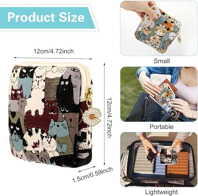Amabro Sanitary Napkin Storage Bag, 2PCS Period Bags Cute Sanitary Pad Storage Pouch Tampon Pantyliners Menstrual Purse Daisy Zipper for Women Teen Girls School Travel Feminine Product(Cat)