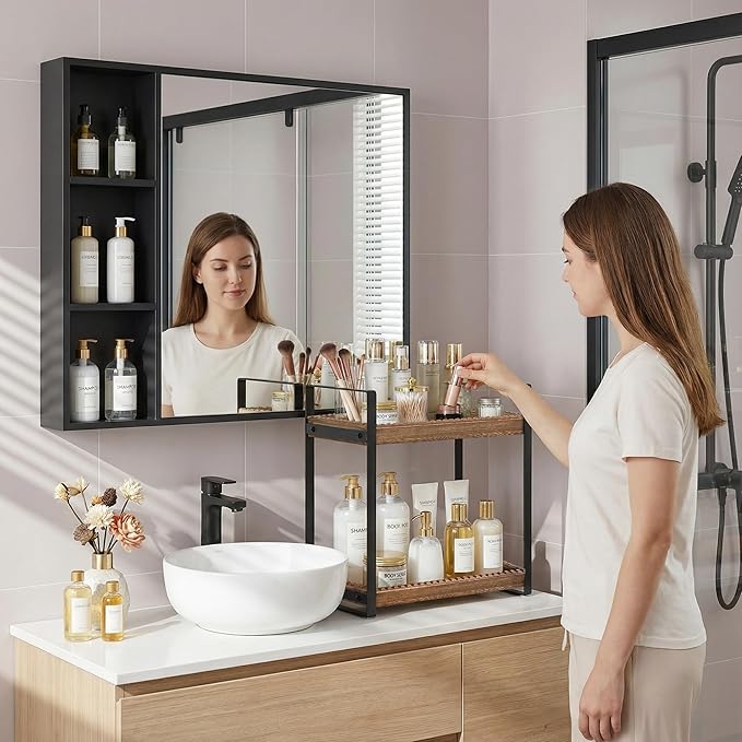 2 Tier Bathroom Organizers and Storage, Farmhouse Countertop Organizer for Bathroom Storage, Makeup Organizer for Decor, Wood Shelf for Skincare Kitchen Coffee Bar, Vanity Accessories (Dark Brown)