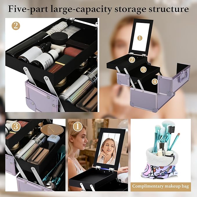 Makeup Train Case, Portable Makeup Case with Mirror, 2-Trays Cosmetic Organizer Case,Nail Polish Organizer, Travel Makeup Box, Profesional for Salon Barber, Purple