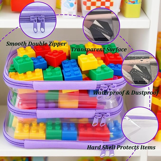 3 Pcs Clear Hard Zipper Case, Hard Shell Plastic Clear Organizer Bag, Transparent Makeup Pouches, Portable Box for Travel Toiletries Storage Bins (Purple)