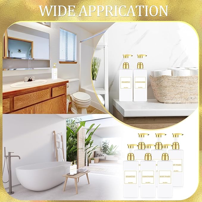 Gejoy 12 Pack White Shampoo and Conditioner Dispenser Bottles, 17 Oz/ 500ml Empty Refillable Pump Bottles with Labels and Marker Pen, Square Plastic Pump Dispenser Bottle for Bathroom Body Wash Shower