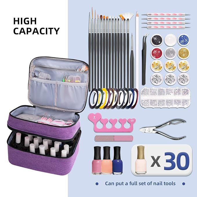 Travel Nail Polish Organizer Double Layer Carrying Case for Fingernail Polish, Holds 30 Bottles (15ml) with Dividers Portable Large Storage Case for Gel Nail Polish, purple (BAG ONLY)