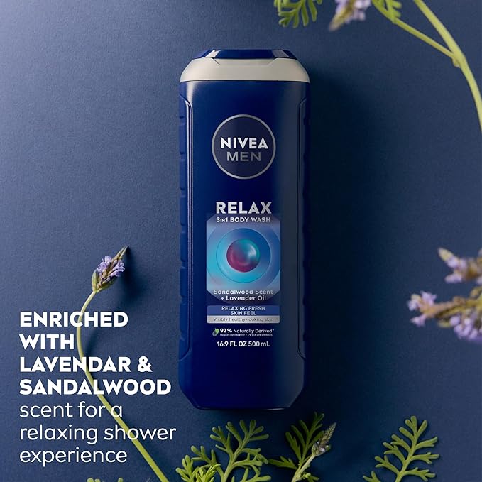 NIVEA MEN Relax Body Wash, Lavender and Sandalwood Scent, 3-in-1 Men's Body Wash, Face and Hair, Paraben Free, Vegan Formula, pH-Skin Friendly, 16.9 Fl Oz Bottle, Pack of 3