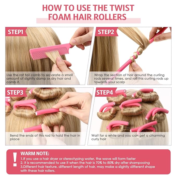 Syhood 30 Pcs Flexible Curling Rods 9.45 Twist Foam Rollers Soft Foam No Heat Hair Rods Rollers and 1 Steel Pintail Comb Rat Tail Comb for Women Long Short Hair(Pink,9.45 x 0.3 Inch)
