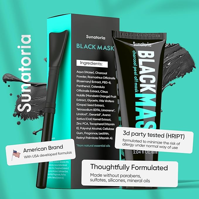 SUNATORIA Black Peel Off Face Mask – Charcoal Peel Off Face Mask for Oily & Combination Skin – Helps Remove Excess Oil & Lift Away Surface Impurities – Refreshing Botanical Formula, 2.04 fl oz