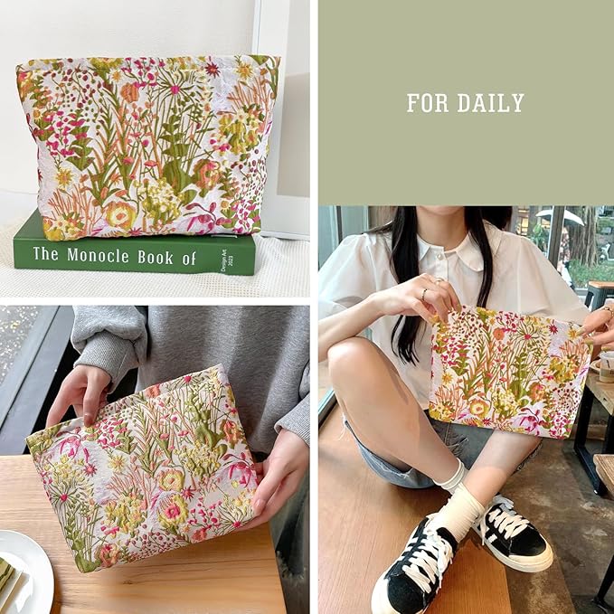 STARDW Aesthetic Floral Makeup Bag Cute Small Cosmetic Bags for Women Girls, Travel Toiletry Bag Large Capacity Zipper Makeup Pouch, Purse Organizer Pouches
