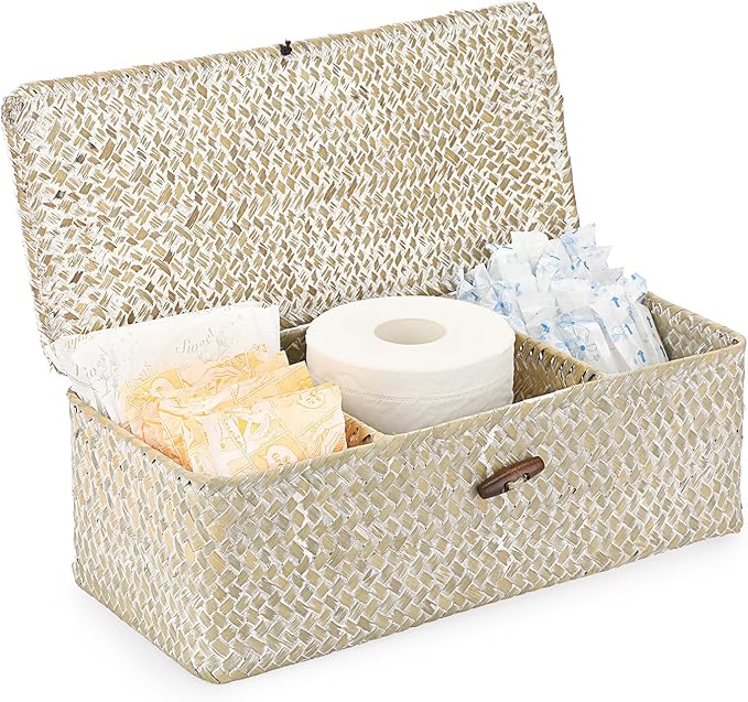 Sumnacon Small Woven Basket for Shelf Wicker Shelf Storage Basket with Sections Seagrass Storage Baskets with Lid for Tampon Toiletry Rectangular Storage Basket for Shelf Bathroom Table Desk Whitewash