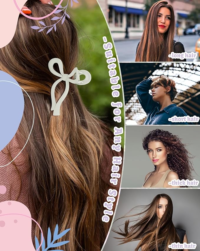 4 PCS Bow Hair Clips Bow Claw Clip for Women Nonslip Large Hair Claw Clips for Thin and Thick Hair Strong Hold Hair Bows (Purple+Rose red+Orange+Light brown)