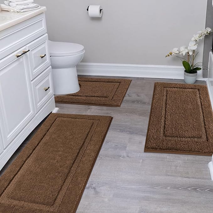 SHACOS Soft Fluffy Bathroom Rugs Set of 3 Pieces with Runner U Shape Toilet Rugs Bath Mats Non Slip Washable Bath Rugs Absorbent Bathroom Carpet, Coffee Brown