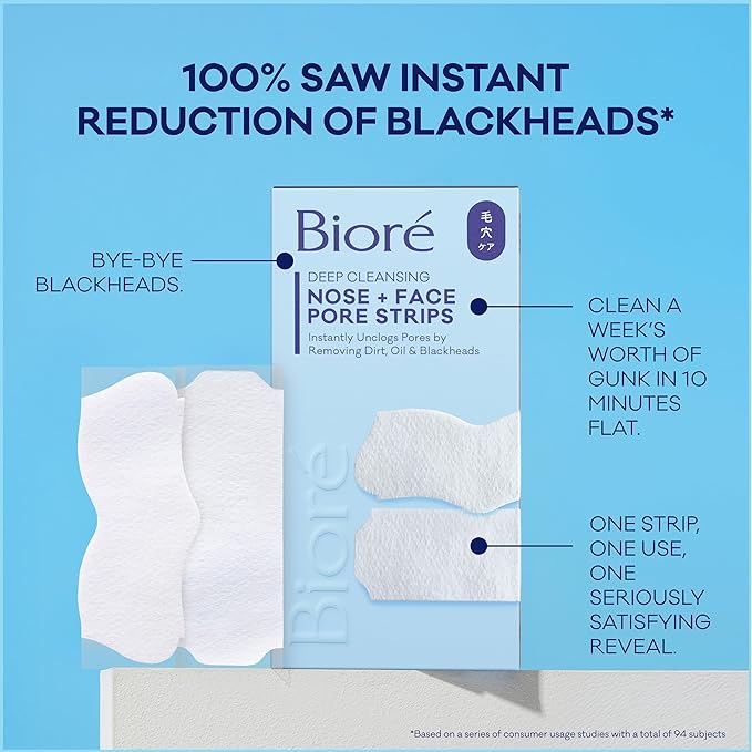 Bioré Nose+Face Blackhead Remover Strips, Deep Cleansing Strips for Nose, Chin, or Forehead, Instant Blackhead Removal and Pore Unclogging, Oil-free, Non-Comedogenic Use, Value Size 24 Count