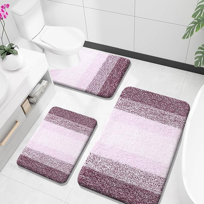 OLANLY Bathroom Rugs Sets 3 Piece, Soft Absorbent Microfiber Bath Mats and U-Shaped Contour Toilet Rug, Plush Shaggy Bath Mat Set for Bathroom (36"x24"+24"x16"+24"x20", Mauve)