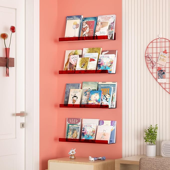 upsimples Acrylic Shelves for Wall Decor, 15" Display Shelf Perfume Organizer for Bathroom, Bedroom, Living Room, Floating Bookshelves for Kids, Clear Red, 4 Pack