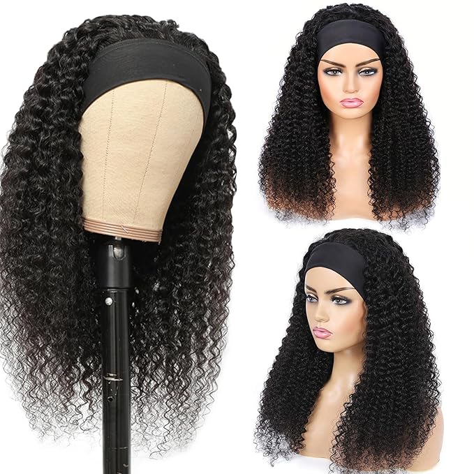 Aiterina Headband Wig Human Hair Kinky Curly Curly Human Hair Wigs for Black Women Glueless Human Hair Wigs Full Wig Machine Made Brazilian Real Hair Wigs 150% Density Natural Colour 20 inch