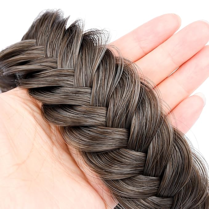 DIGUAN Wide Messy Braided Headband With Teeth Synthetic Hair Plaited Headband High Elasticity Braids Chunky Fishtail Braided Hair Band Hairpiece for Girls Women (Grayish brown)