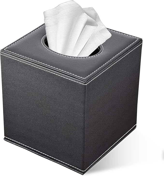 Tissue Box Cover, PU Leather Tissue Box Holder Square Box Covers for Home/Office/Car Decoration 5.3"X5.3"X5.8" - Black