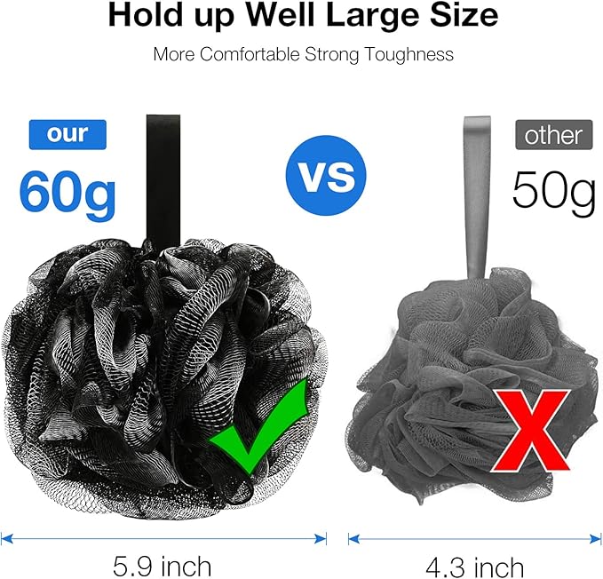 Bath Shower Loofah Sponge 60g Bath Mesh Pouf Shower Ball Body Scrubber Exfoliating Bath Sponge for Women and Men, Set of 4, Black