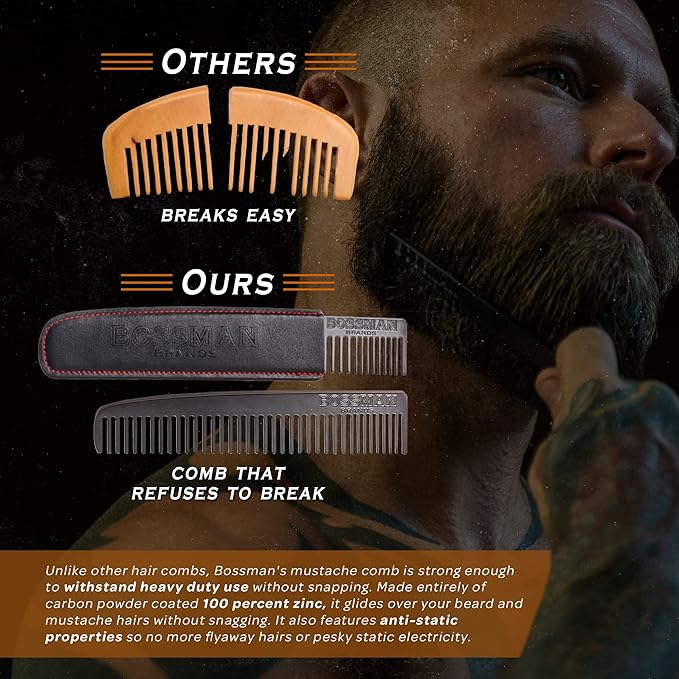 Bossman Metal Grooming Comb for Men - Mustache and Beard Styling Tool with Leather Pocket Case (Black)