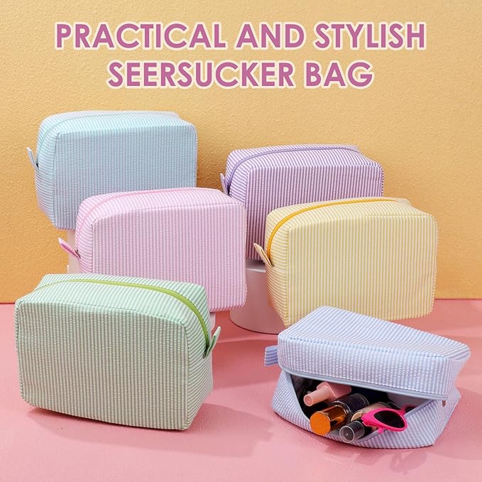 Sanwuta 6 Pcs Seersucker Cosmetic Bag Bulk Pinstripe Makeup Bag for Women Aesthetic Cute Travel Toiletry Organizer Preppy Storage Pouch for Wedding Bridesmaid Christmas Gift(Large,Macaron Color)