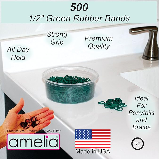 Amelia Beauty 500 Count Small Rubber Bands for Hair – ½" Green - USA - Recloseable Container - Mini Hair Elastics for Braids, Ponytails, Cornrows & Twists – Strong Hold Ponytail Holders