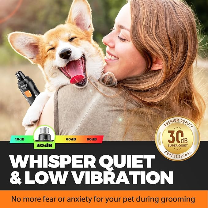 Whisper Quiet Dog Nail Grinder with LED Light, Safe & Stress-Free for Sensitive Dogs of All Breeds & Sizes, 3 Grinding Bits, 3-Speed, Pet Nail Trimmers, Rechargeable Painless Grooming Kit