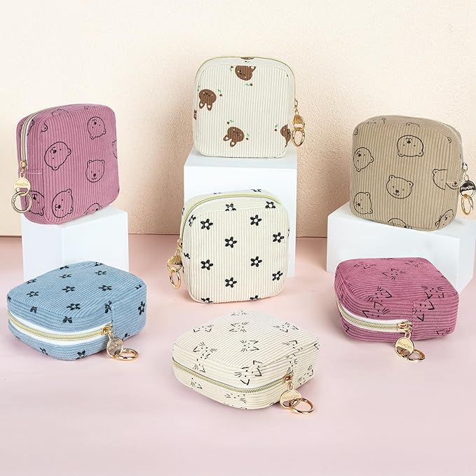Period Bag for Teen Girls, Corduroy Sanitary Napkin Storage Bag, Menstrual Pad Pouches Tampon Holder for Purse (Bears-Pink)