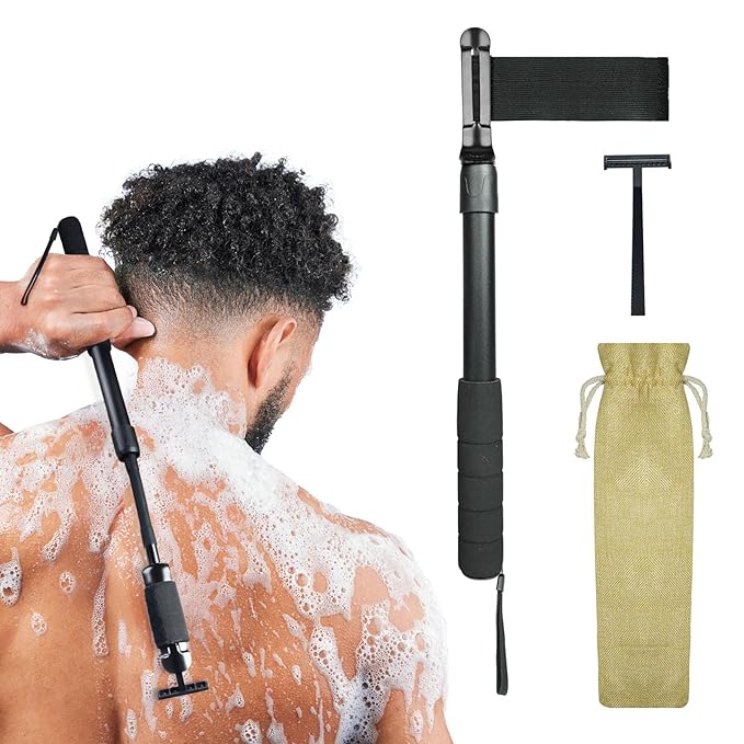 Safety Razor Extension Handle with Adjustable Length for Leg Razor,Back Shaver for Men,Multi-Function Extension Shaver Handle can be Fitted Lotion Applicator,Hair Brush for Wet or Dry - Black