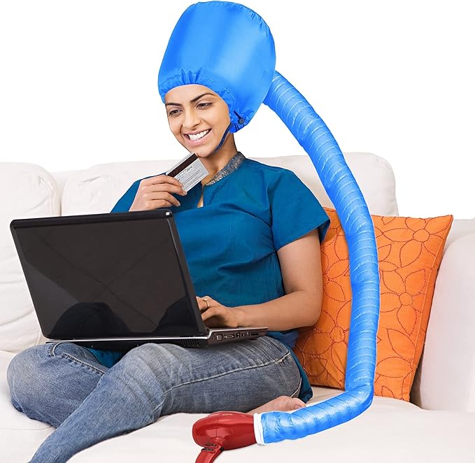 Hair Dryer Bonnet Attachment for Hair Styling and Drying at Home, Soft Adjustable - Blue
