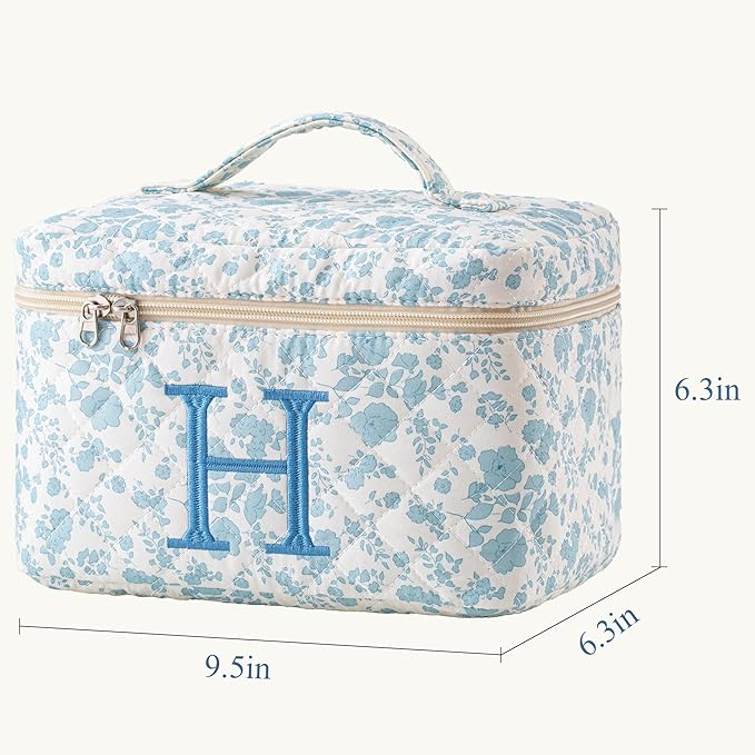 HBselect Initial Quilted Makeup Bag, Cotton Large Travel Makeup Bag, Cute Floral Coquette Make up Bag Cosmetic Bag Toiletry Bag for Women Girls H